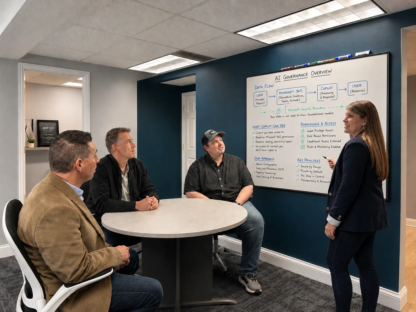 3rd Element team reviewing an AI governance framework, covering data flow, permissions, and Copilot access controls.
