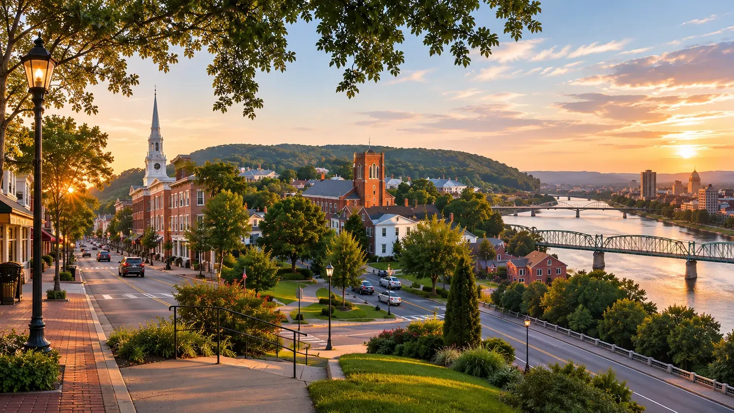 A West Shore view over Mechanicsburg, Camp Hill, and Lemoyne toward the Susquehanna River bridges and the Harrisburg skyline at sunset.