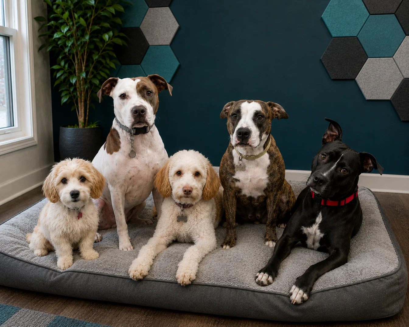 The 3rd Element office dogs sitting together on a gray dog bed in front of a teal hexagonal accent wall