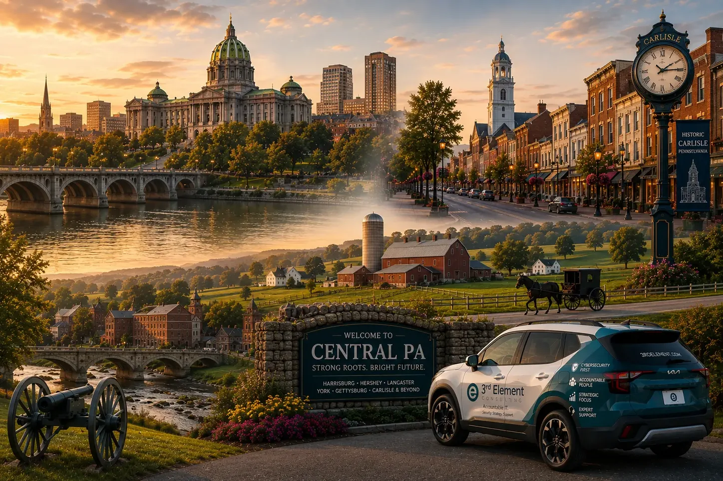 A Central PA composite showing the State Capitol in Harrisburg, historic Carlisle's Main Street clock, and Lancaster County farmland, with a 3rd Element branded vehicle beside a Welcome to Central PA sign.