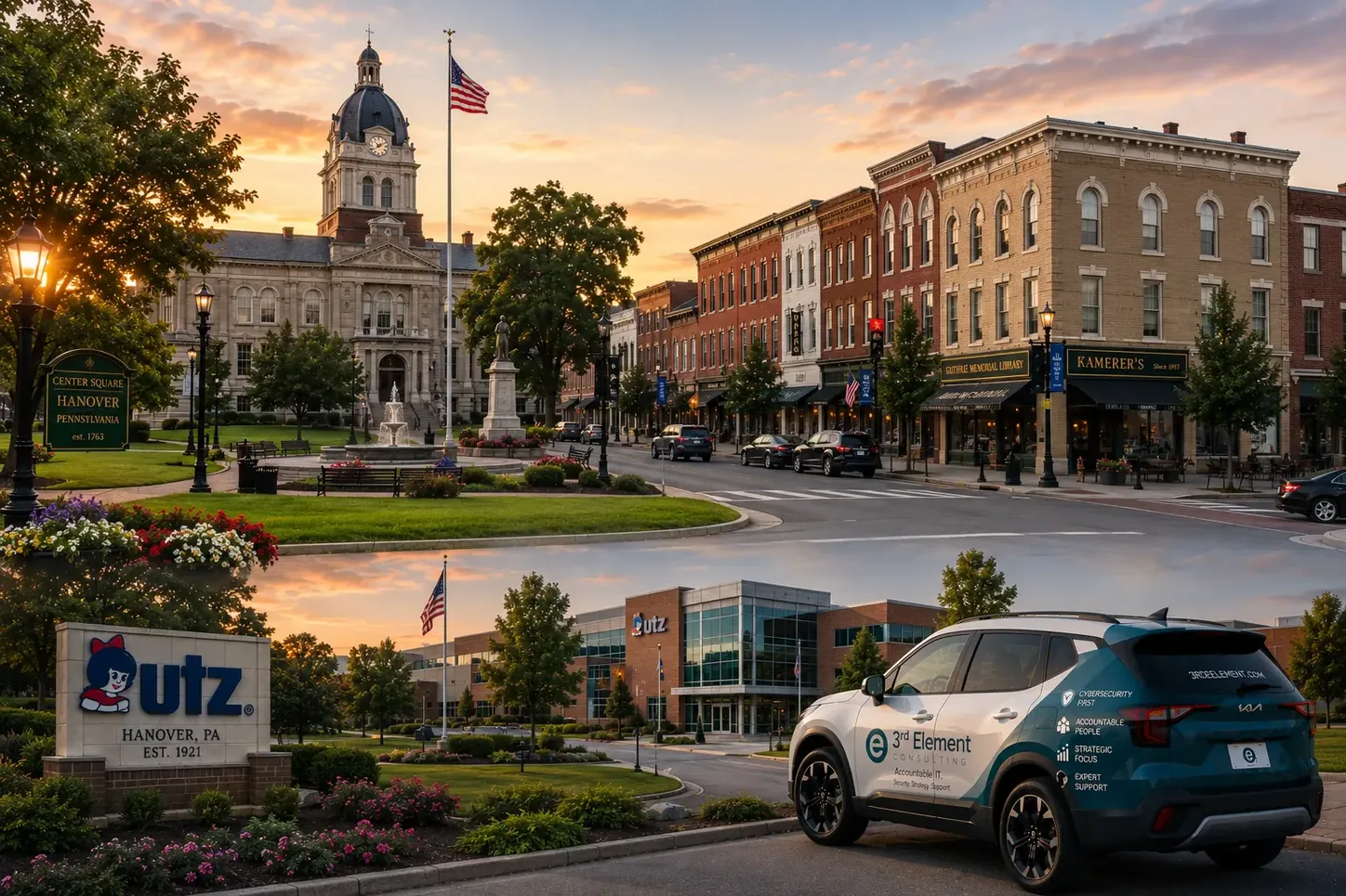 Hanover's Center Square with the courthouse dome and fountain, alongside the Utz headquarters sign on Hanover, PA, with a 3rd Element branded vehicle parked nearby.