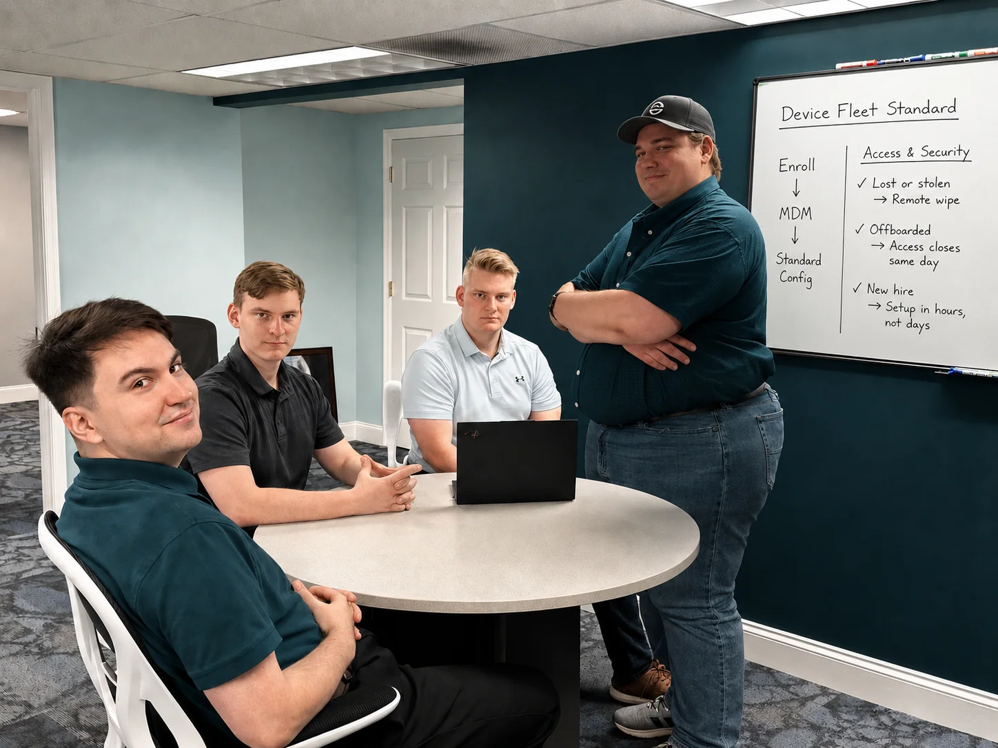 3rd Element's team reviewing their device fleet management standard, covering enrollment, remote wipe, and offboarding.