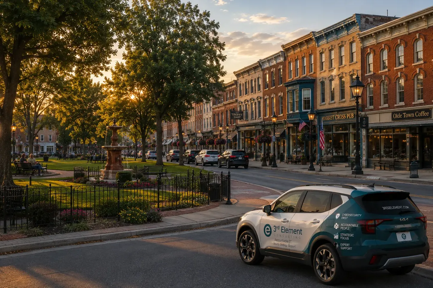 Chambersburg's Memorial Square fountain and the brick storefronts along Main Street, including Market Cross Pub and Olde Town Coffee, with a 3rd Element branded vehicle at the curb.