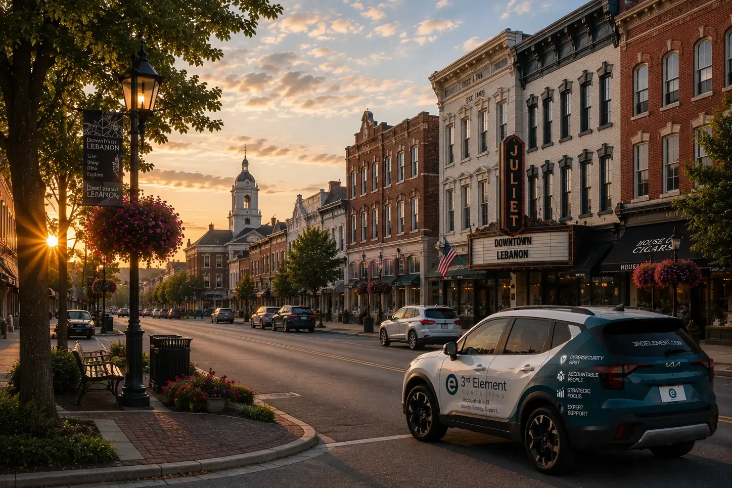Downtown Lebanon's Cumberland Street storefronts, the Juliet Theatre marquee, and the county courthouse cupola at sunset, with a 3rd Element branded vehicle parked on the street.