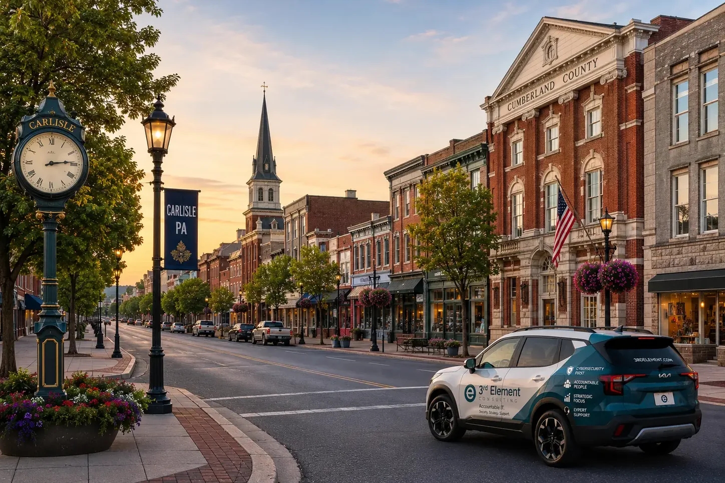 The Carlisle street clock, High Street storefronts, and the Cumberland County courthouse in downtown Carlisle, with a 3rd Element branded vehicle at the curb.