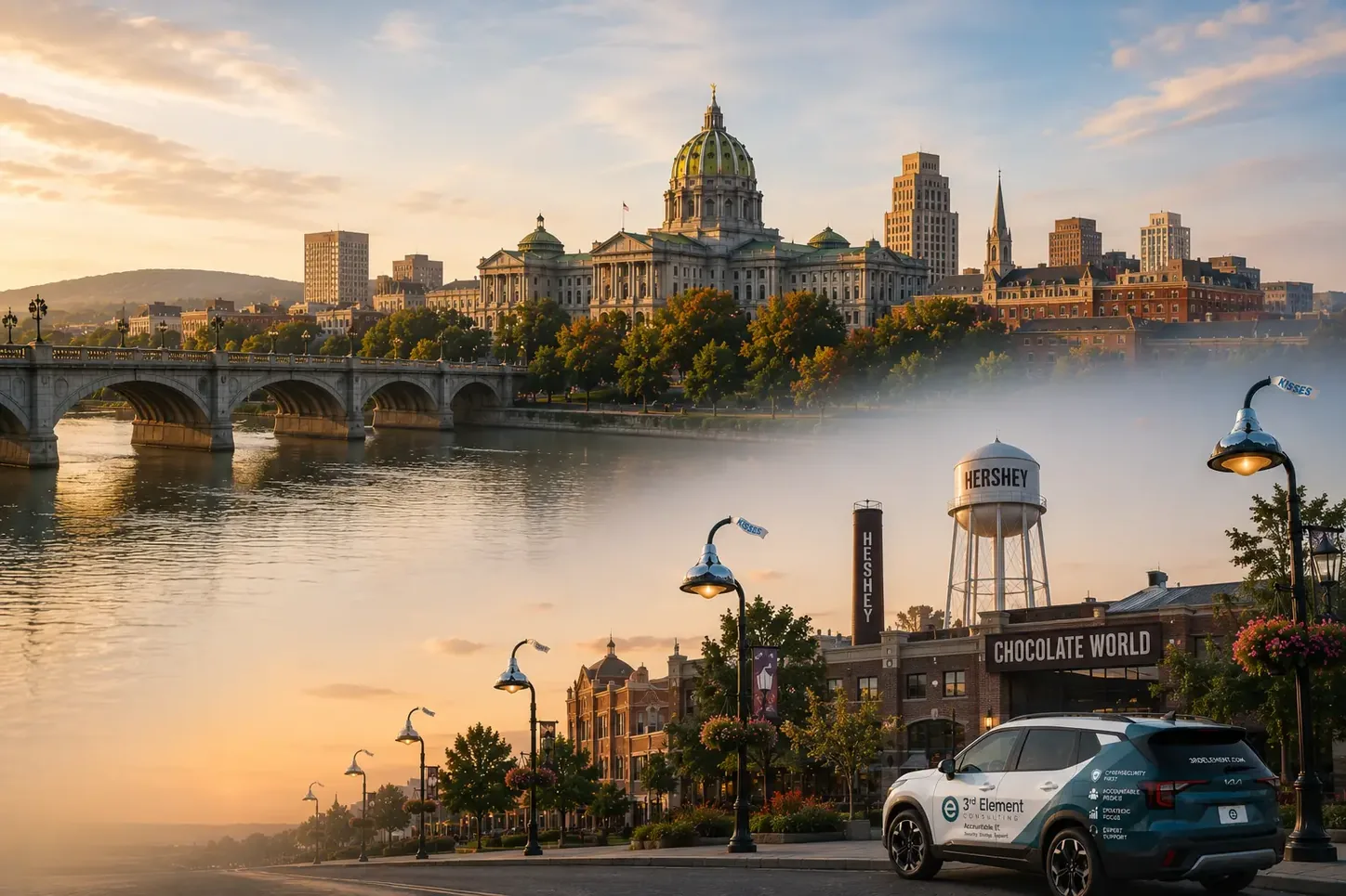 The Pennsylvania State Capitol dome across the Susquehanna River in Harrisburg, paired with the Hershey water tower and Chocolate World, with a 3rd Element branded vehicle at the curb.