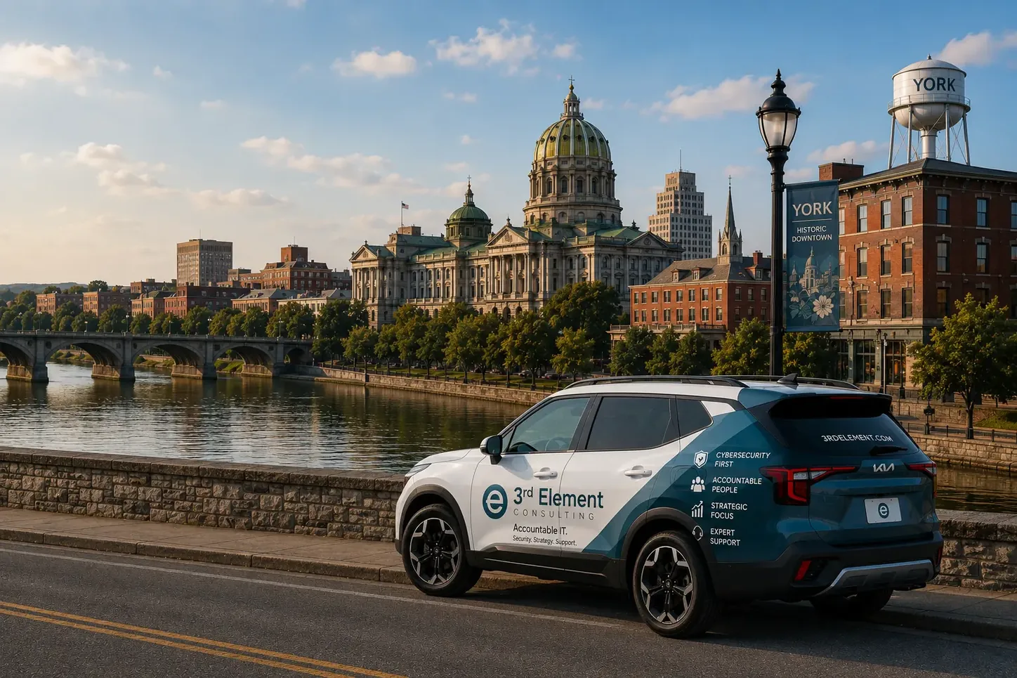 York County Courthouse dome and the Codorus Creek waterfront in historic downtown York, with a 3rd Element branded vehicle parked along the bridge wall.