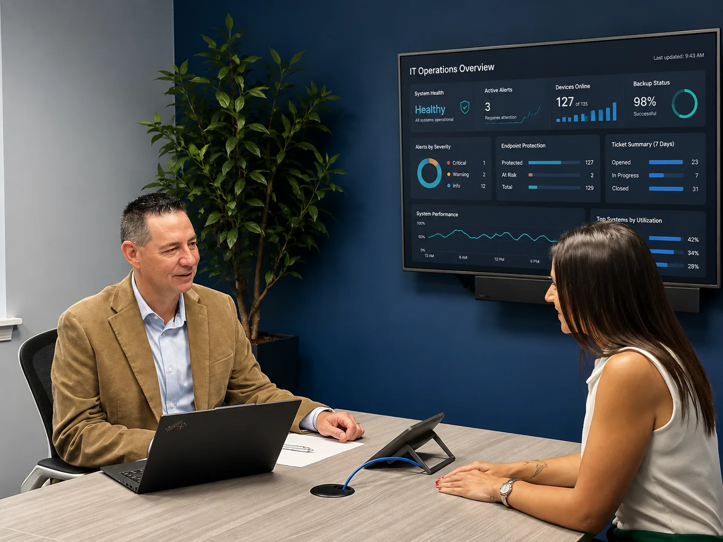 A 3rd Element team member reviewing an IT operations dashboard with a client in a conference room