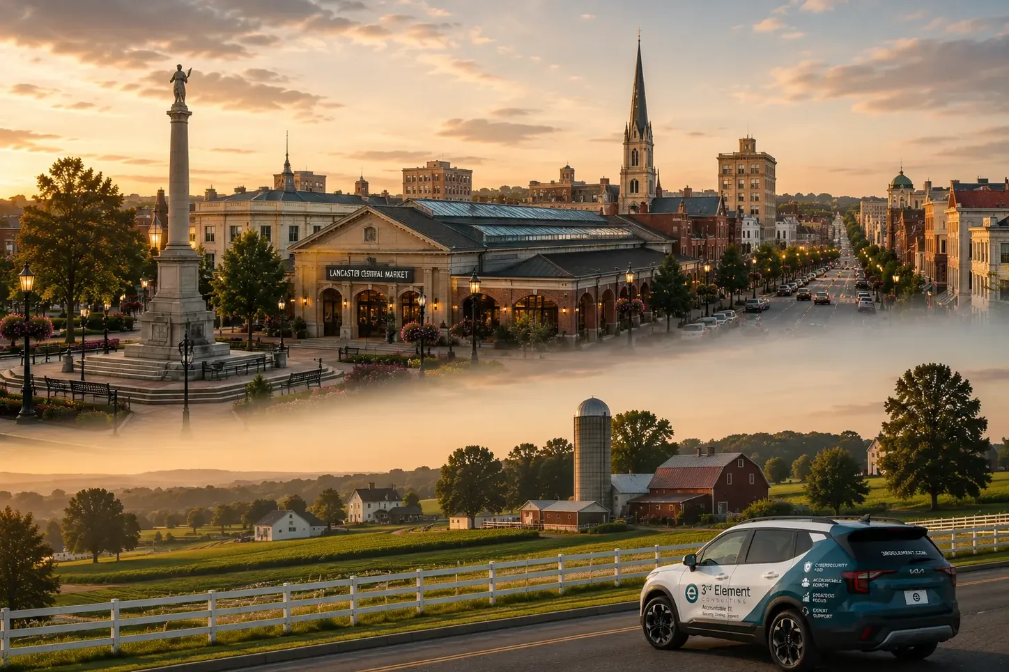 Lancaster Central Market and the Soldiers and Sailors Monument in Penn Square above Lancaster County farmland, with a 3rd Element branded vehicle along a white fence line.