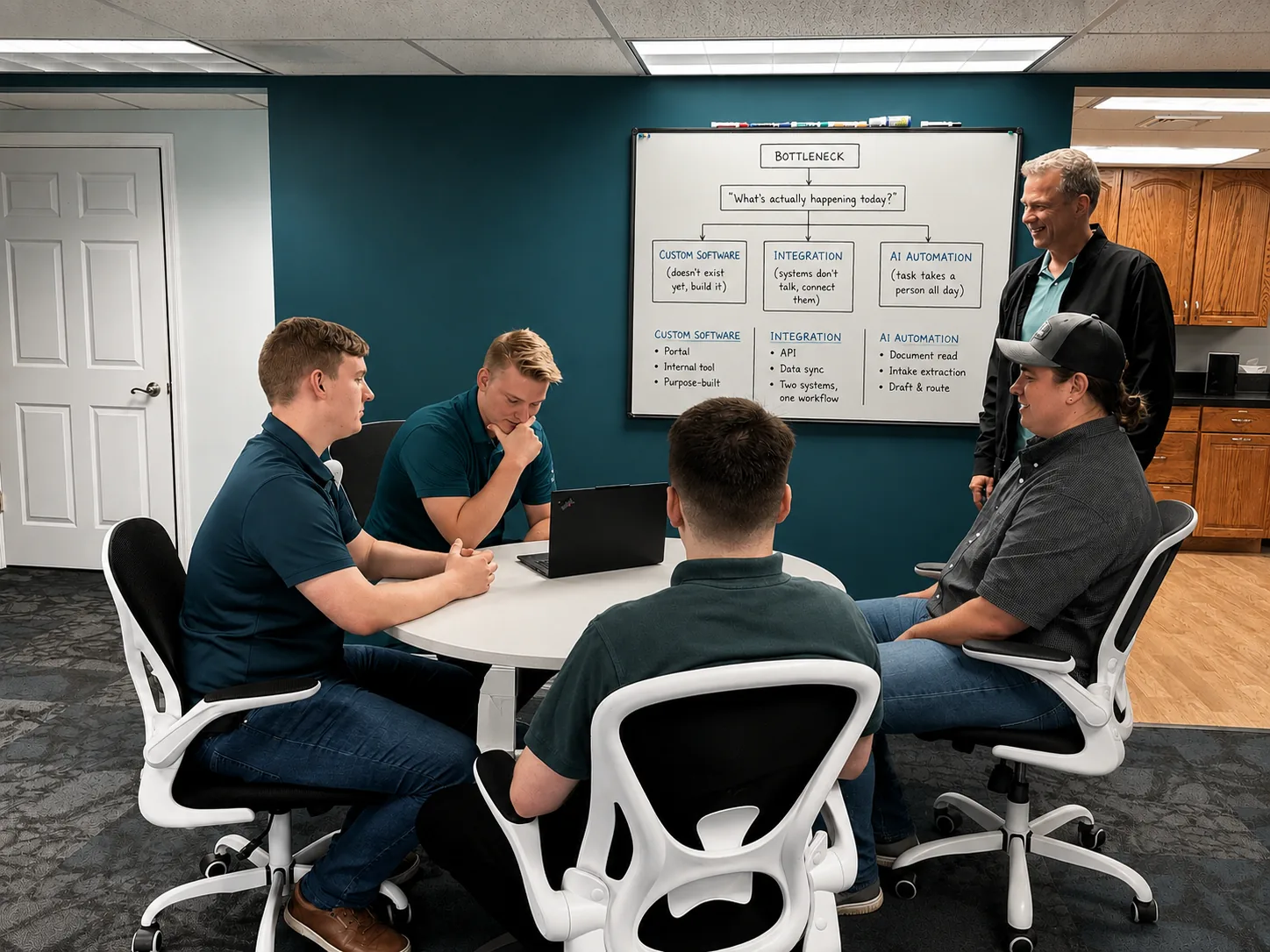 3rd Element team mapping a workflow bottleneck across custom software, integration, and AI automation options.
